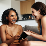 ** A diverse group of women laughing and talking comfortably in a modern living room. Some are holding adult toys discreetly, others are looking at them on a tablet. The atmosphere is relaxed and supportive. The scene should convey a sense of empowerment and open conversation about sexuality.

**