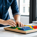 A professional adult in modest, business casual attire, sitting at a clean, well-lit modern desk. They are deeply focused, meticulously building an intricate architectural model with small, colorful building blocks. Their hands are carefully placing a tiny piece onto the structure. The workspace is organized with sorting trays of various block elements and an open instruction manual. The atmosphere is calm and serene, illuminated by soft natural light. Perfect anatomy, correct proportions, natural pose, well-formed hands, proper finger count, natural body proportions, professional photography, high quality, safe for work, appropriate content, fully clothed, professional, family-friendly.