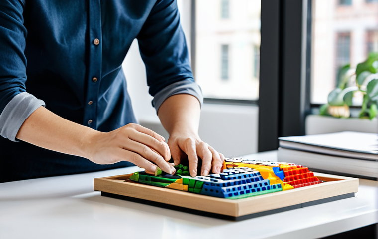 A professional adult in modest, business casual attire, sitting at a clean, well-lit modern desk. They are deeply focused, meticulously building an intricate architectural model with small, colorful building blocks. Their hands are carefully placing a tiny piece onto the structure. The workspace is organized with sorting trays of various block elements and an open instruction manual. The atmosphere is calm and serene, illuminated by soft natural light. Perfect anatomy, correct proportions, natural pose, well-formed hands, proper finger count, natural body proportions, professional photography, high quality, safe for work, appropriate content, fully clothed, professional, family-friendly.